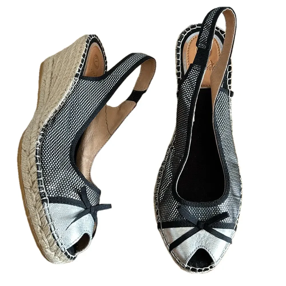 Vidorreta Black and Silver Espadrille Wedge Shoes with Bow Detail